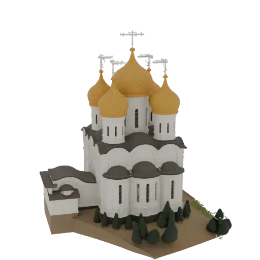 3D model of a white Orthodox church with multiple golden domes, set on a small landscape base with trees.