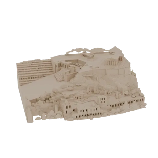 3D model of ancient acropolis ruins with tiered seating, crumbling walls, and scattered stones, rendered in a neutral beige t