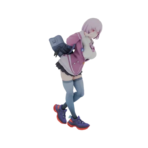 3D model of an anime schoolgirl with pink hair, wearing a pink jacket and blue backpack, in a dynamic pose.