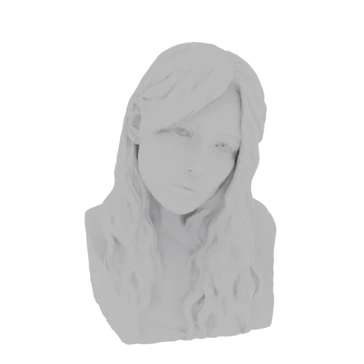 3D render of a white, elegant female bust with long, flowing hair and a serene expression.