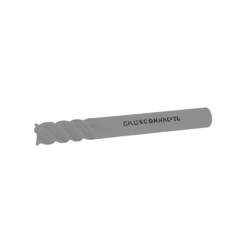 3D model of a twisted metal end mill tool with helical flutes, presented on a black background.