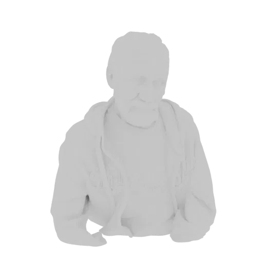 Render di modello 3D di busto di anziano con felpa, con dettagli facciali e tessuto testurizzato.