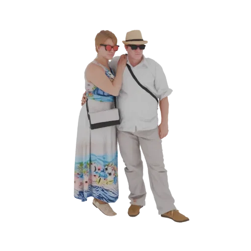 3D model of a couple on vacation, a man and woman in summer clothes, posed affectionately.