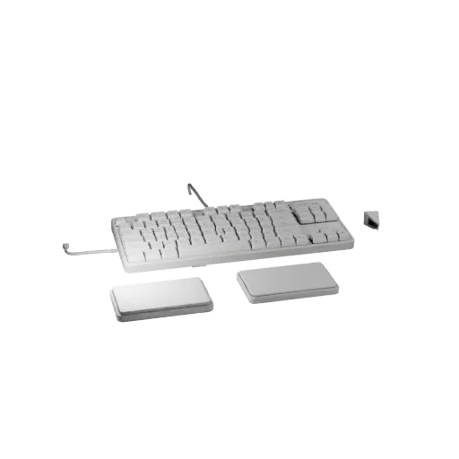 Corporate Keyboard 3D model, three-quarter front view, Unity viewport, showing plastic, desk-scale silhouettes.