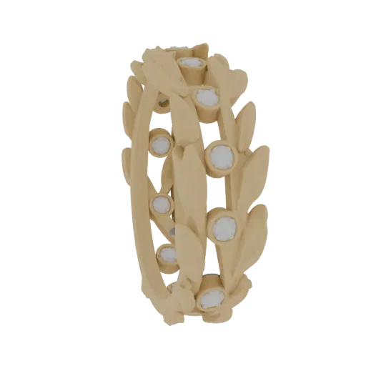 3D-Modell goldener Kranzring mit verschlungenen Zweigen und Steinen, Vorderansicht.