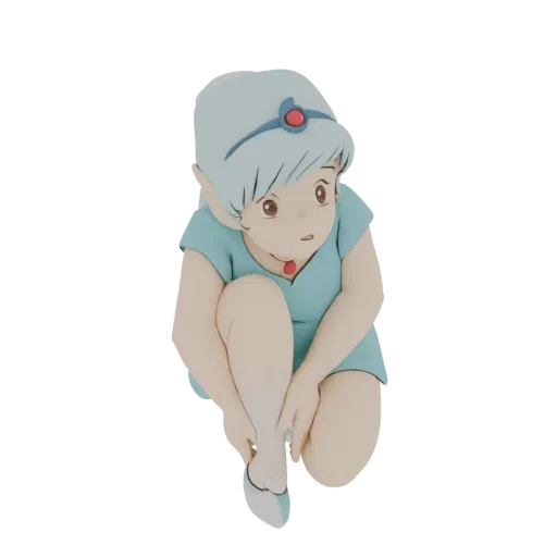 Modèle 3D d'une jeune elfe aux cheveux bleu clair, portant une robe turquoise, accroupie, genoux repliés.
