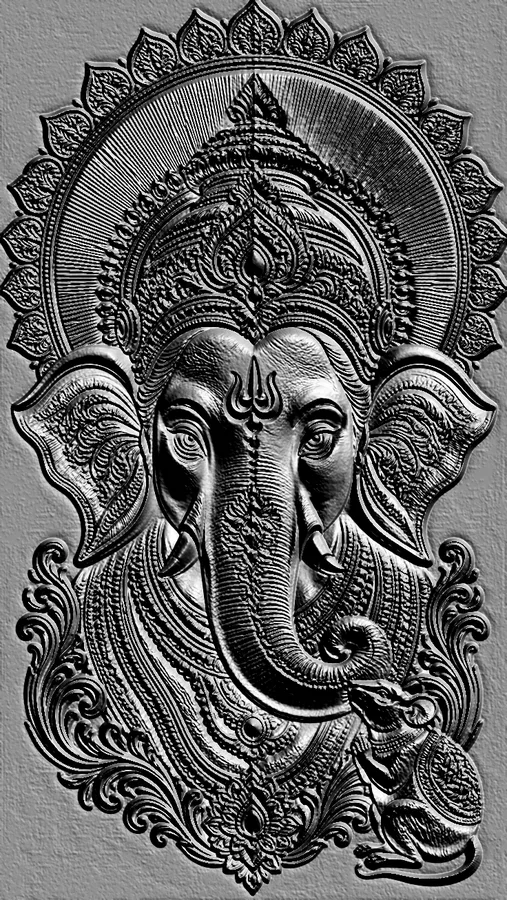Modello 3D del rilievo di Ganesha in stile indiano, con un'immagine dettagliata dell'elefante e del saggio.