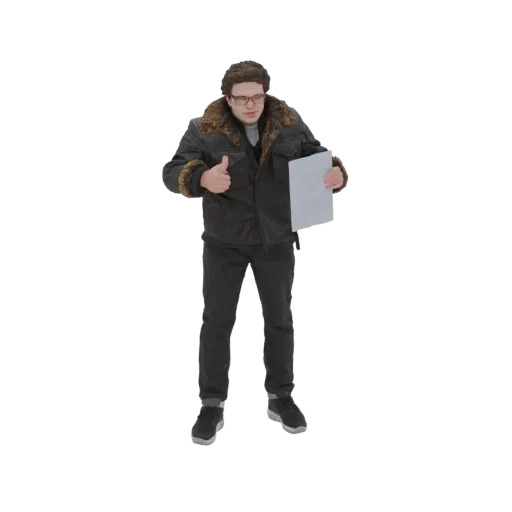 3D model of a man in a dark winter jacket and glasses, giving a thumbs-up gesture and holding a clipboard.