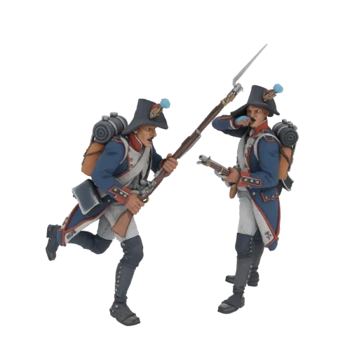 3D model of two Napoleonic era soldiers in blue uniforms, one advancing with a musket and bayonet, the other aiming a musket.