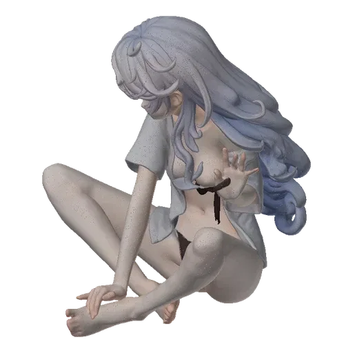 3D model of a seated anime girl with light purple, flowing hair, wearing a white shirt and black bottoms, in a relaxed pose.