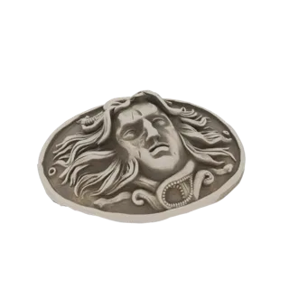 3D model render of an oval belt buckle featuring a detailed bas-relief of Medusa's face with serpentine hair.