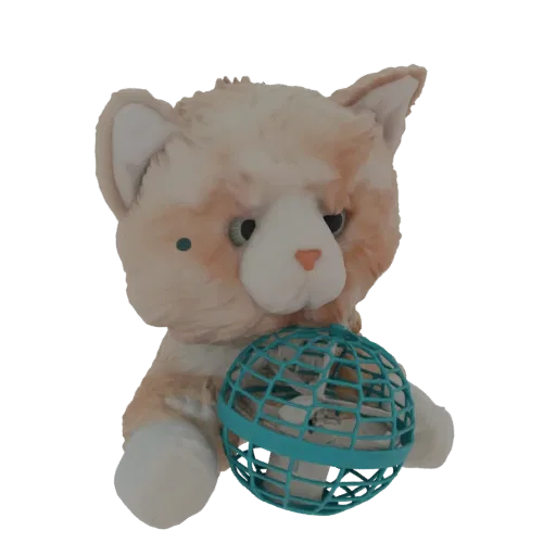3D model of a fluffy orange cat plush toy with green eyes, holding a blue, open-weave ball in its paws.