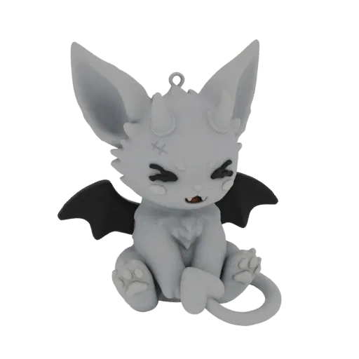3D render of a cute, gray chibi bat demon character sitting down, with black wings and small horns, against a white backgroun