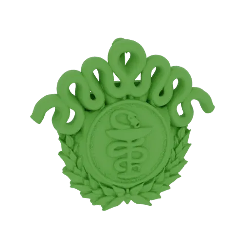 3D model render of a green caduceus emblem with snakes and a laurel wreath, isolated on a white background.