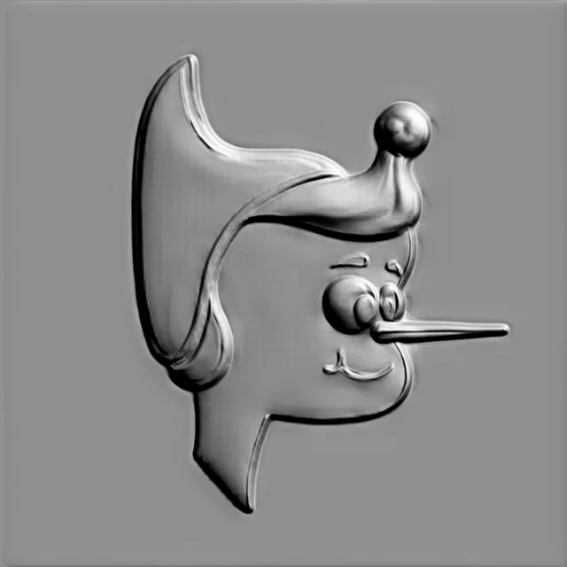 3D model of Pinocchio bas-relief in a hat, rendered in gray, with volumetric details and expressive facial features.