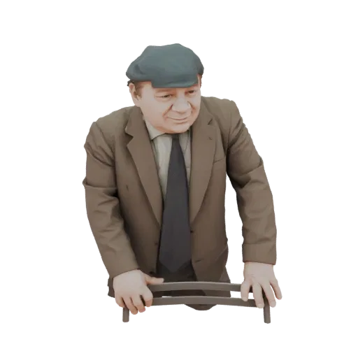 3D model of an elderly man wearing a green flat cap and brown suit, leaning on a cane.