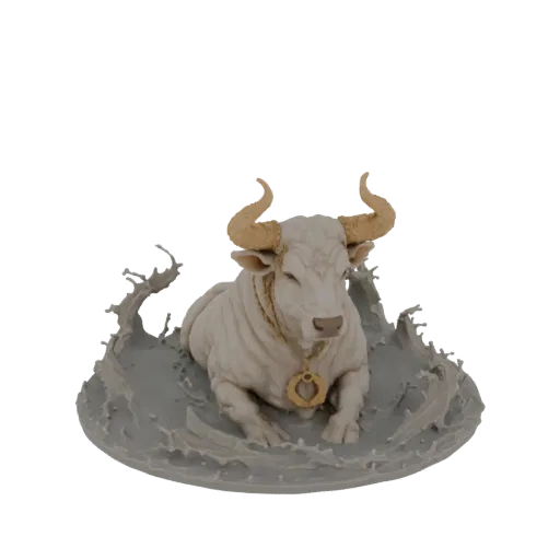 3D model of a white bull with golden amulet, reclining in a base of swirling water, against a white background.