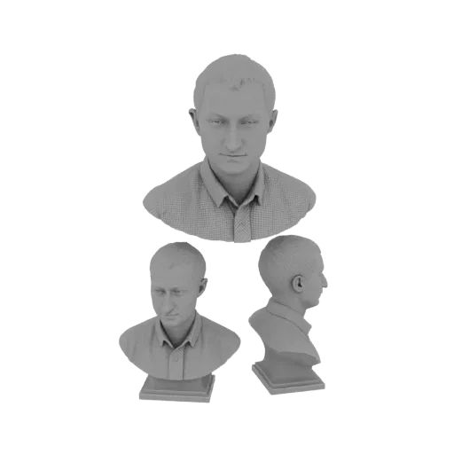 Modelo 3D de busto masculino, mostrado de frente, lado e três quartos, com expressão neutra e vestindo camisa com colarinho.