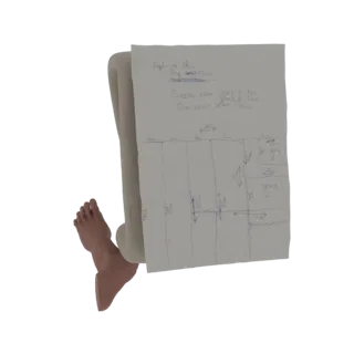 Modelo 3D de planta baixa desenhada à mão mostrando layout de múltiplas zonas com legendas e medidas manuscritas.