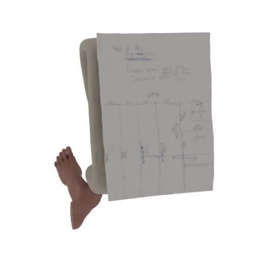 3D model of a hand-drawn blueprint showing a multi-zone layout with handwritten labels and measurements.