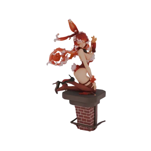 3D model of a festive bunny girl in a Christmas outfit, kneeling on a brick chimney with a playful expression.