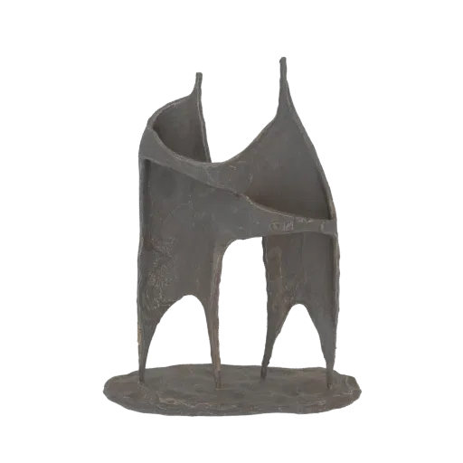 A 3D render of an abstract sculpture made of dark, textured metal, with two main vertical forms connected by a curved element