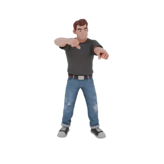 3D-Modell von Sergey Zhukov in Ganzkörpergröße, gekleidet in Jeans und T-Shirt, mit einer Hand nach vorne zeigend und der and
