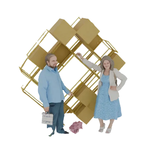 3D model of a man and woman posing playfully in front of an abstract golden geometric structure.