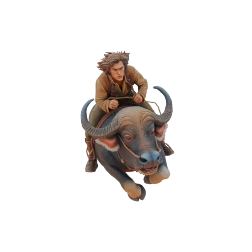 3D model of a man in brown clothing riding a charging buffalo with large horns.
