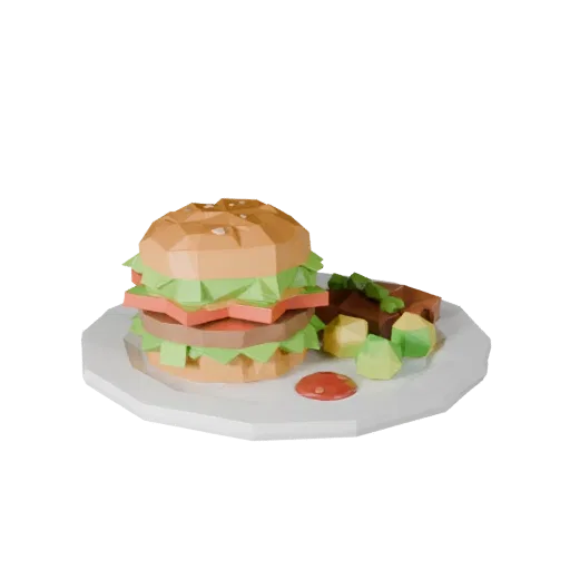 Street Food Burger Meal Low Poly 3D model, game viewport three-quarter view, showing sauces, plated composition.