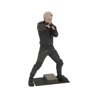 3D model of a male martial artist in a fighting pose, wearing black tactical gear and standing on a display base.