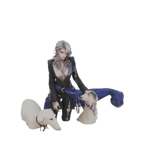 3D model render of an elegant man with silver hair, wearing a dark suit, petting two white dogs.