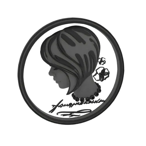 3D model of a woman's profile in a classic cameo style, featuring detailed hair, a necklace, and floral accents within a deco