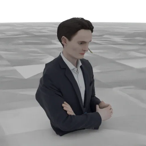 3D model of a business man in a dark suit, standing with his arms crossed, looking slightly to the side.