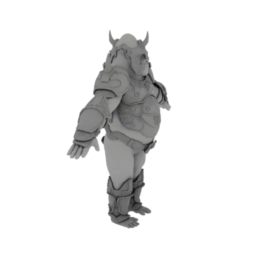3D model of a grey-skinned Orc Warrior wearing ornate, layered armor and a horned helmet, viewed from the side.