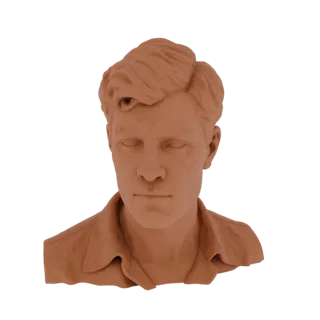 Modello 3D di busto in terracotta di un giovane con capelli scompigliati, che indossa una camicia con colletto.