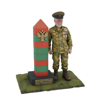 3D-Modell eines russischen Grenzers in Tarnuniform, der neben einem rot-grün gestreiften Grenzdenkmal mit russischem Adleremb