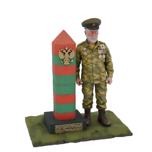 3D-Modell eines russischen Grenzers in Tarnuniform, der neben einem rot-grün gestreiften Grenzdenkmal mit russischem Adleremb