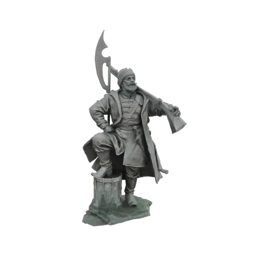 3D model of a Cossack warrior in a grey finish, holding an axe and musket, standing on a drum.