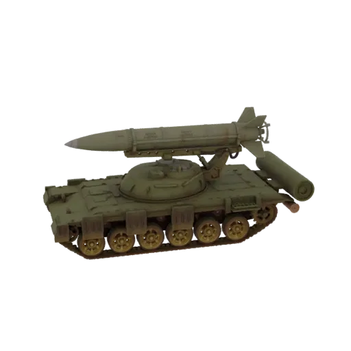 3D model of a Soviet SA-2 Guideline missile system mounted on a green tracked vehicle, viewed from the side.