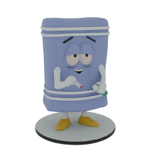 3D model of Towelie from South Park, holding a cigarette and a green bottle, with a relaxed expression.