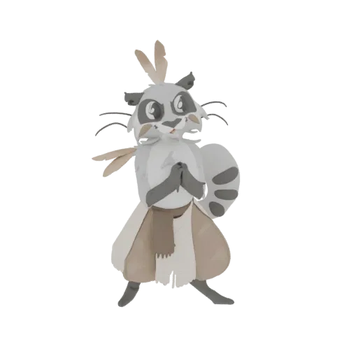 3D model of a stylized raccoon warrior character with grey and white fur, wearing tribal clothing and feathers, in a ready st