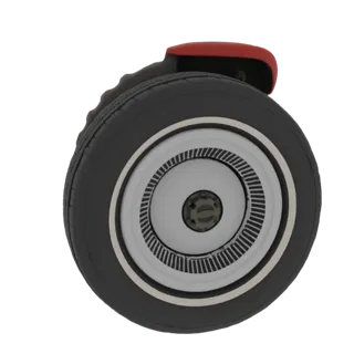 3D model of a vintage car wheel with a black tire, chrome hubcap, and a red handle on top, set against a white background.
