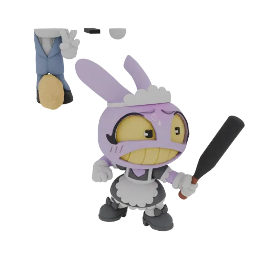 3D model of a purple bunny character in a maid outfit, looking distressed and holding a baseball bat.