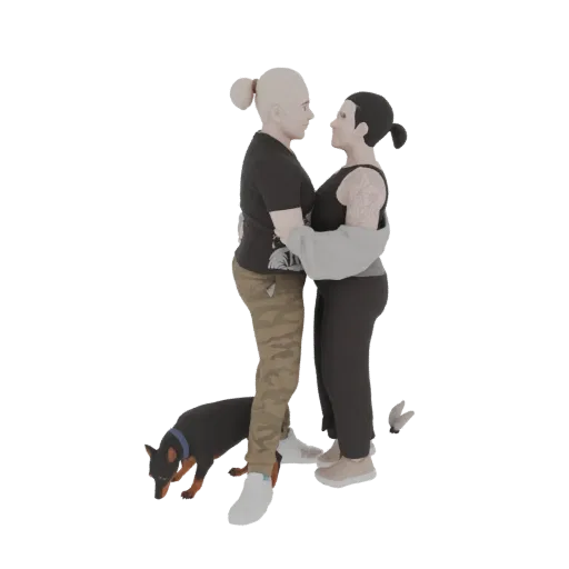 Modelo 3D de una pareja abrazándose afectuosamente, con un perro pequeño a sus pies.