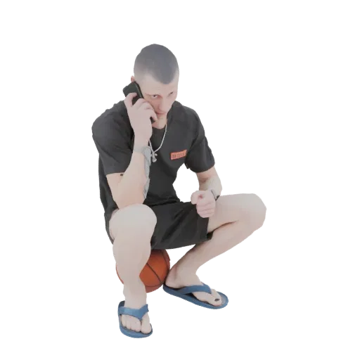 3D model of a young man squatting with a basketball, holding a phone to his ear, wearing a black t-shirt and shorts.
