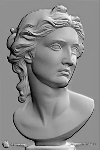 Modello 3D bassorilievo giovane antico capelli ricci, vista frontale