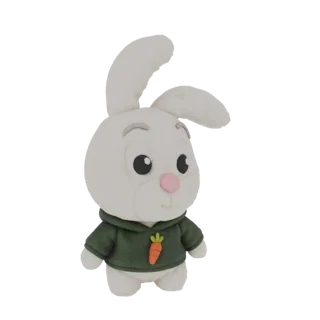 3D model of a cute white bunny wearing a green hoodie with a carrot on it, against a white background.