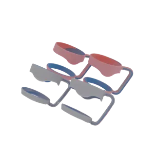 Una representación 3D de dos agarraderas para tazas, una roja y otra gris, con detalles azules, presentadas sobre un fondo bl