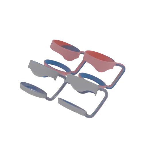 Un rendu 3D de deux poignées pour tasse, une rouge et une grise, avec des accents bleus, présenté sur fond blanc.
